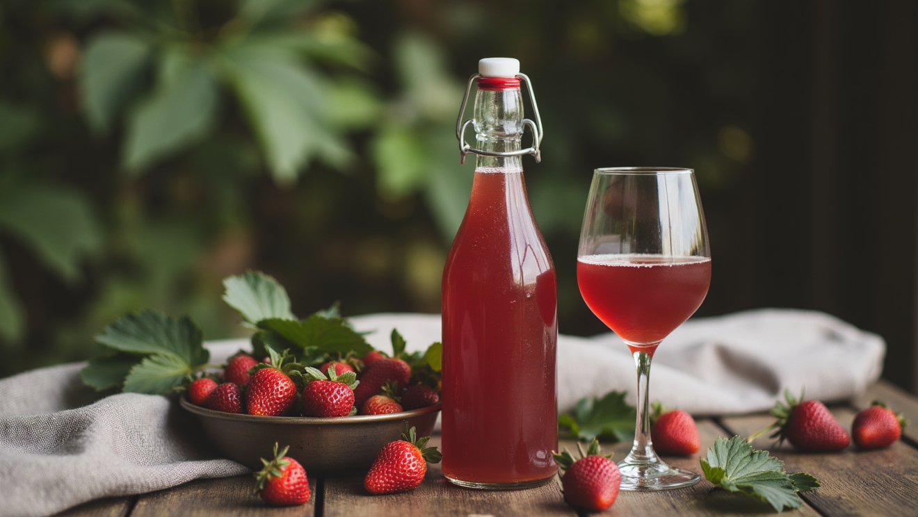 butelka wina truskawkowego, dodatkowo kieliszek wina i truskawki