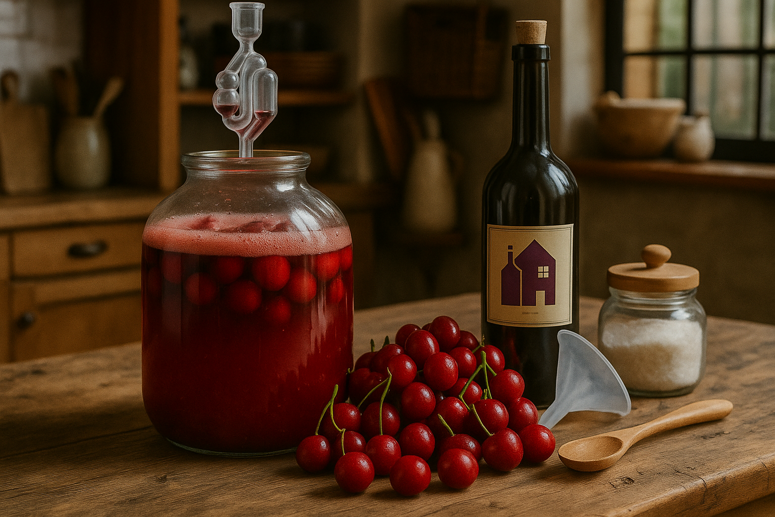 Domowe wino wiśniowe w szklanym słoju z rurką fermentacyjną, świeże wiśnie na drewnianym stole, obok butelka wina domowego i słoik z cukrem w rustykalnej kuchni.